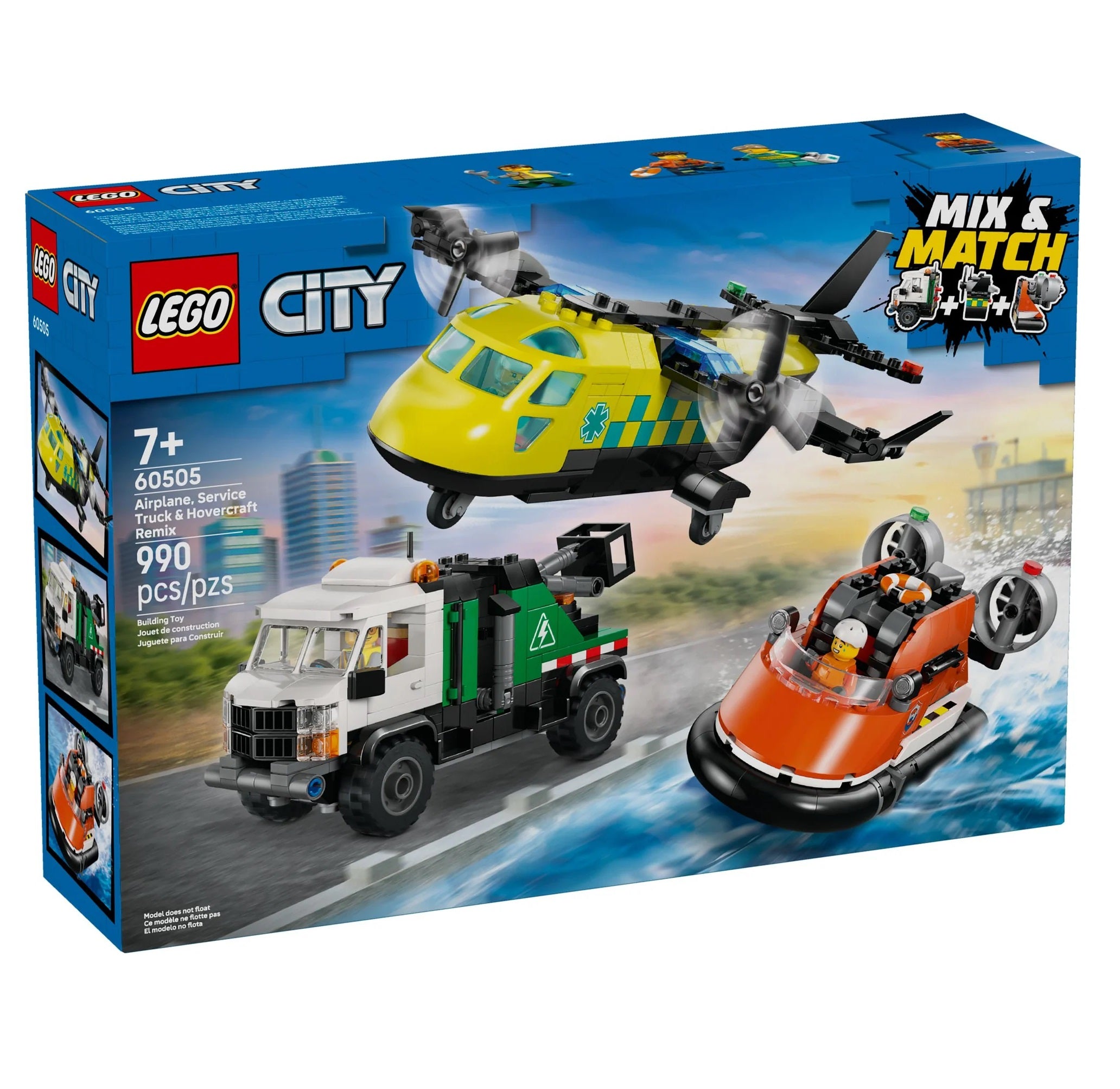 Ensemble combiné comprenant un avion, un véhicule d'entretien et un aéroglisseur.